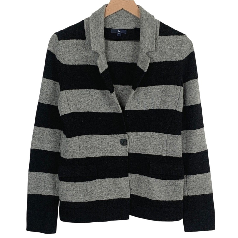 Gap Womens Black Grey Striped 100% Lambswool Knit Blazer Sweater Size S